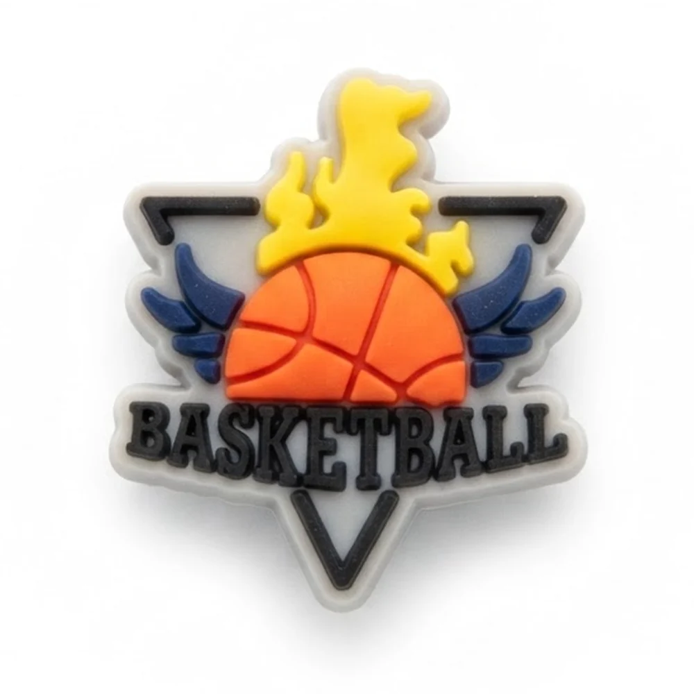 Jibbitz écusson triangle fluo BASKETBALL avec ballon orange, ailes bleues et flamme jaune