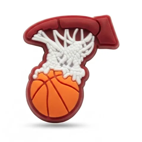 Jibbitz ballon de basket orange traversant un filet blanc sous un cercle rouge, version fluo