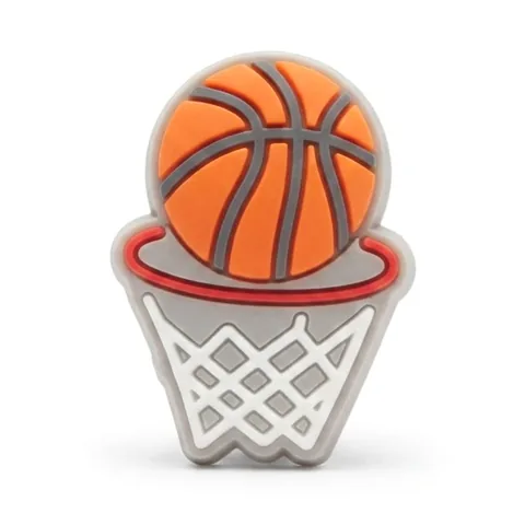Jibbitz ballon de basket orange posé au-dessus d'un cercle rouge et d'un filet blanc, fluo