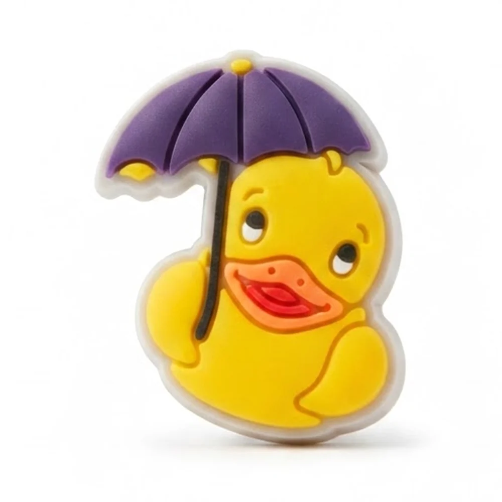 Jibbitz canard jaune sous un parapluie violet, version fluo