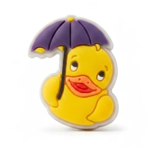 Jibbitz canard jaune sous un parapluie violet, version fluo