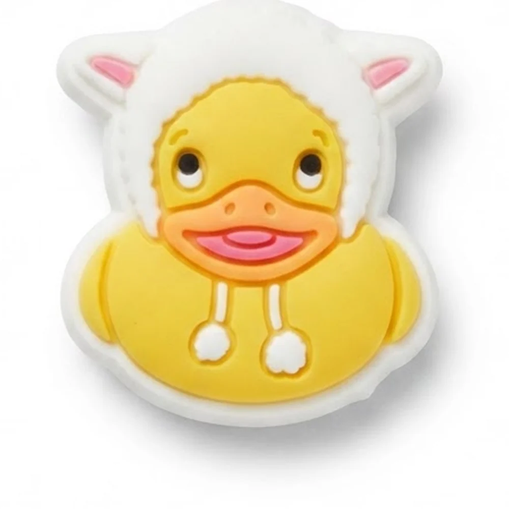 Jibbitz canard jaune coiffé d'un bonnet de mouton blanc, version fluo