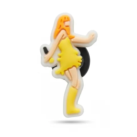 Jibbitz chanteuse version fluo aux cheveux orange, robe et bottes jaunes, micro en main
