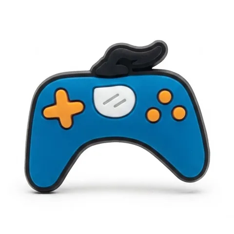 Jibbitz manette de jeu bleue avec croix et boutons orange, câble noir