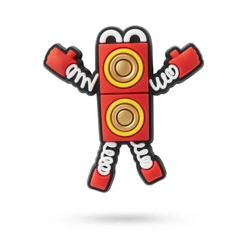 Jibbitz robot rouge formé de deux haut-parleurs jaunes, bras et jambes à ressorts
