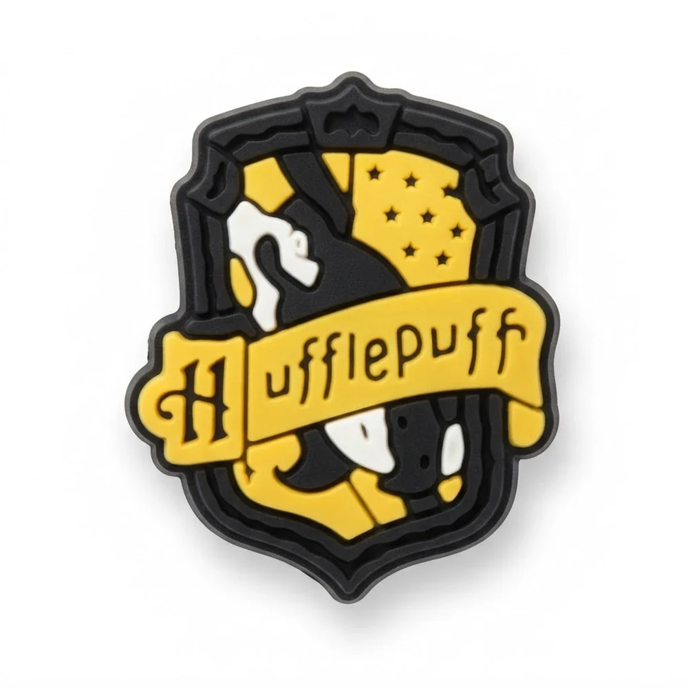 Jibbitz blason Poufsouffle jaune et noir avec blaireau, charm Crocs Harry Potter