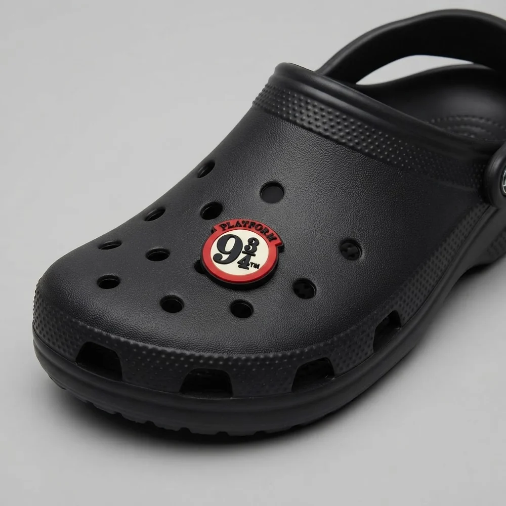 Charm Voie 9 3/4 clipsé sur une Crocs noire