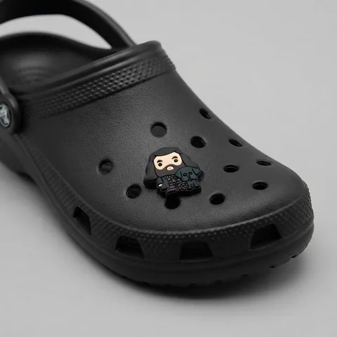 Charm Hagrid et Crockdur clipsé sur une Crocs noire