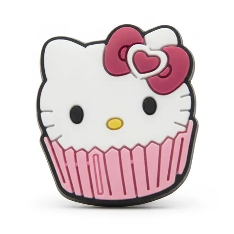 Jibbitz Hello Kitty cupcake : tête de Kitty dans une caissette rose, nœud framboise orné d'un cœur