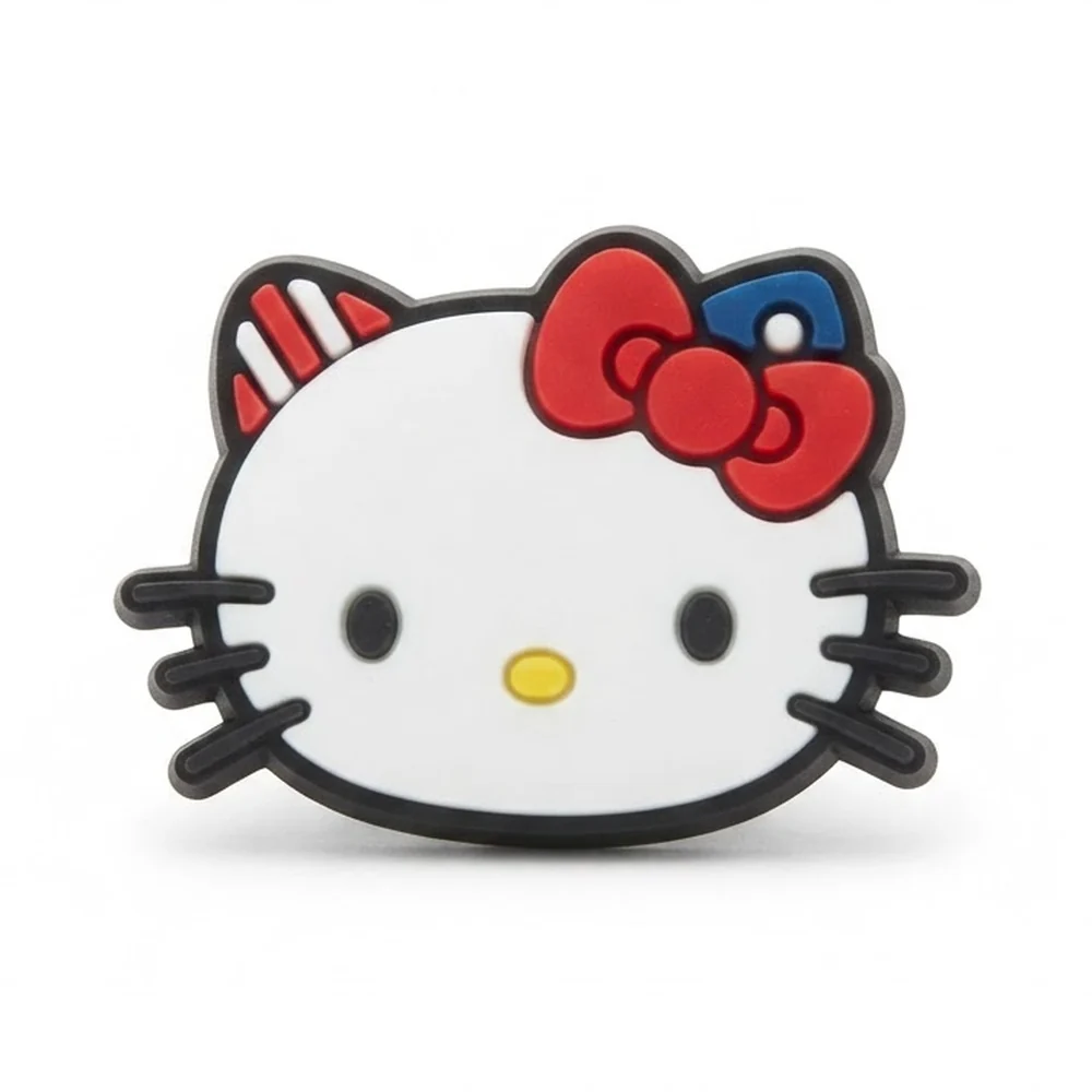 Jibbitz tête de Hello Kitty, nœud rouge à touche bleue et oreille rayée rouge et blanc