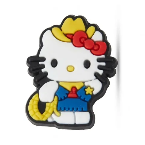 Jibbitz Hello Kitty cowgirl : chapeau jaune, chemise bleue à franges, étoile et lasso jaune