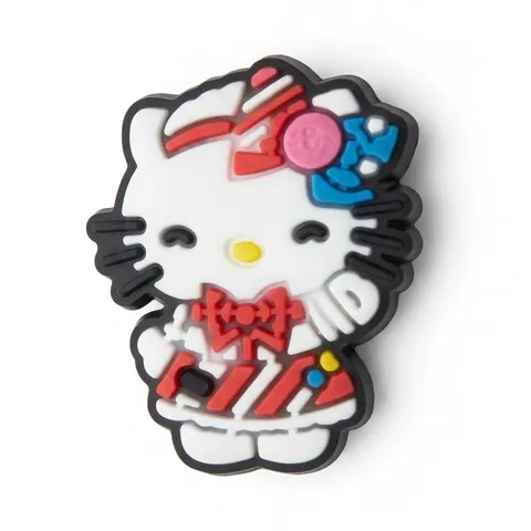 Jibbitz Hello Kitty avec sac rayé rouge et blanc, nœud bleu et pastille rose