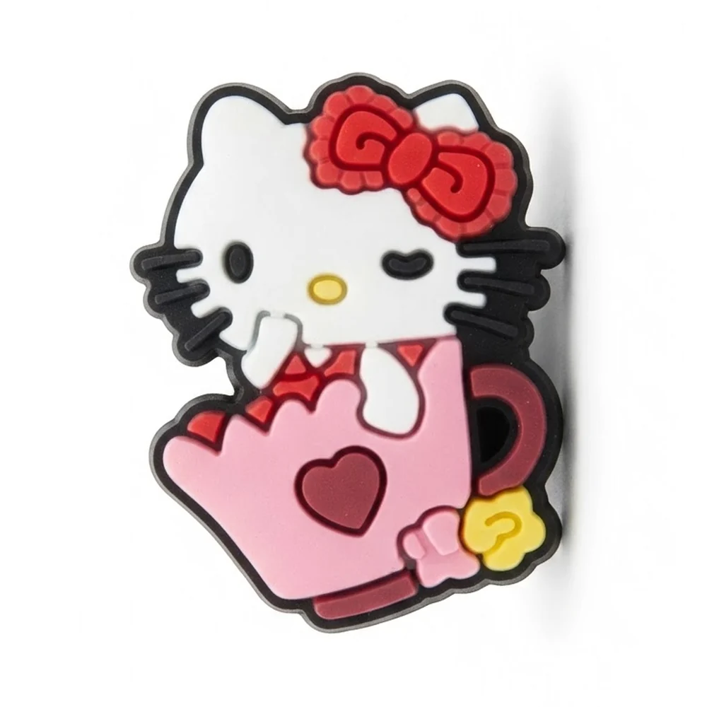 Jibbitz Hello Kitty qui fait un clin d'œil, sac rose à cœur bordeaux et nœud rouge à volants