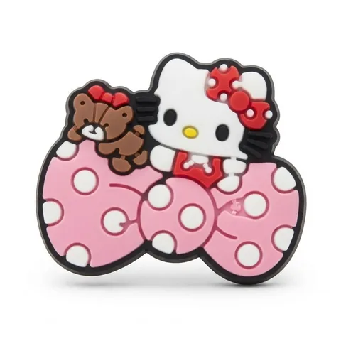 Jibbitz Hello Kitty et son ourson marron sur un grand nœud rose à pois blancs