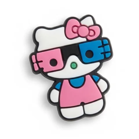 Jibbitz Hello Kitty robot : visière en blocs bleu et rose, nez vert, robe rose