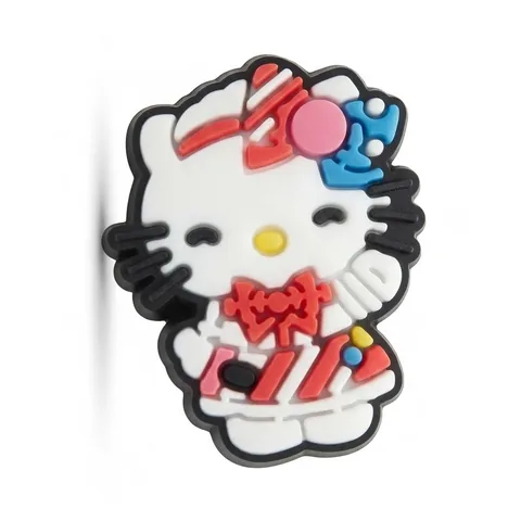 Jibbitz Hello Kitty aux yeux plissés, écharpe rayée rouge et blanc, nœud bleu à pompon rose
