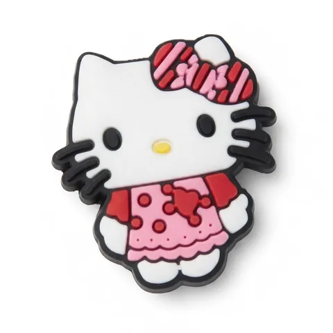 Jibbitz Hello Kitty en robe rose à volants et pois rouges, nœud rayé rose et rouge