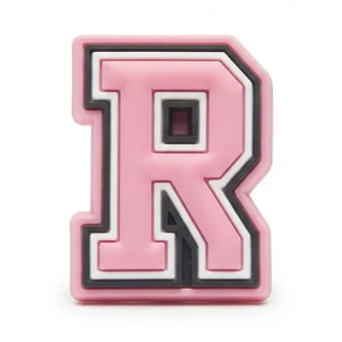 Jibbitz lettre R rose style varsity cerclée de blanc et de noir