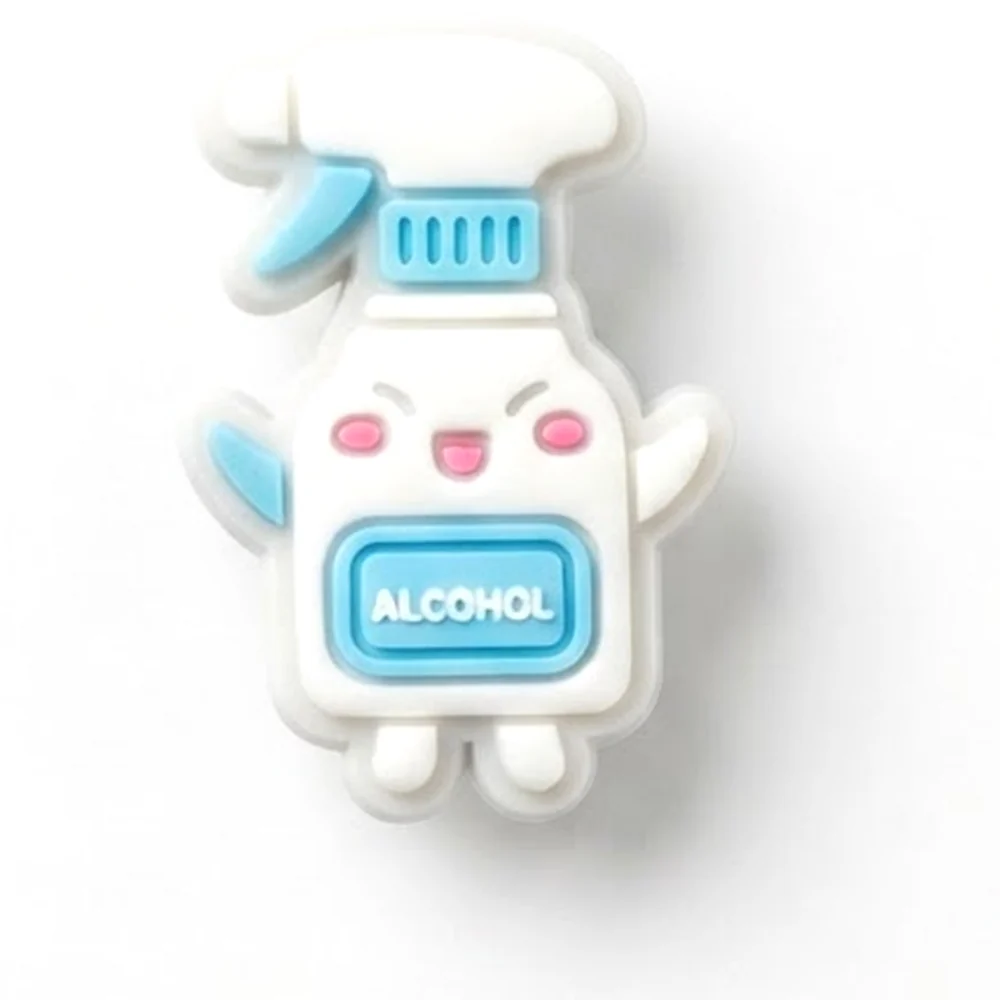 Jibbitz spray désinfectant kawaii version fluo, blanc et bleu glacier, étiquette ALCOHOL