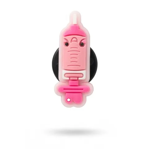 Jibbitz seringue rose kawaii version fluo au corps translucide et piston rose vif