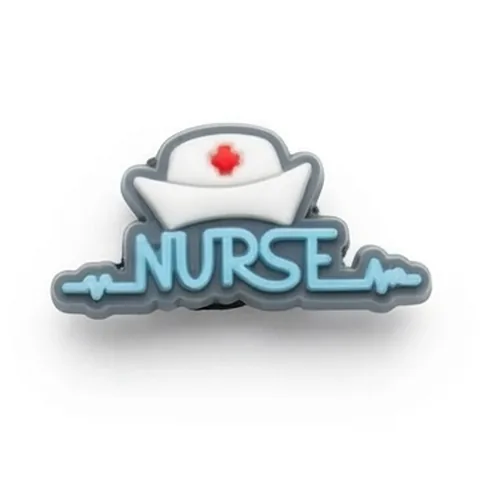 Jibbitz lettrage NURSE bleu avec coiffe d'infirmière à croix rouge et tracé ECG