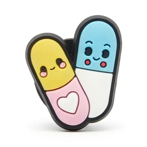 Jibbitz duo de gélules kawaii jaune et rose, bleue et blanche, avec cœur