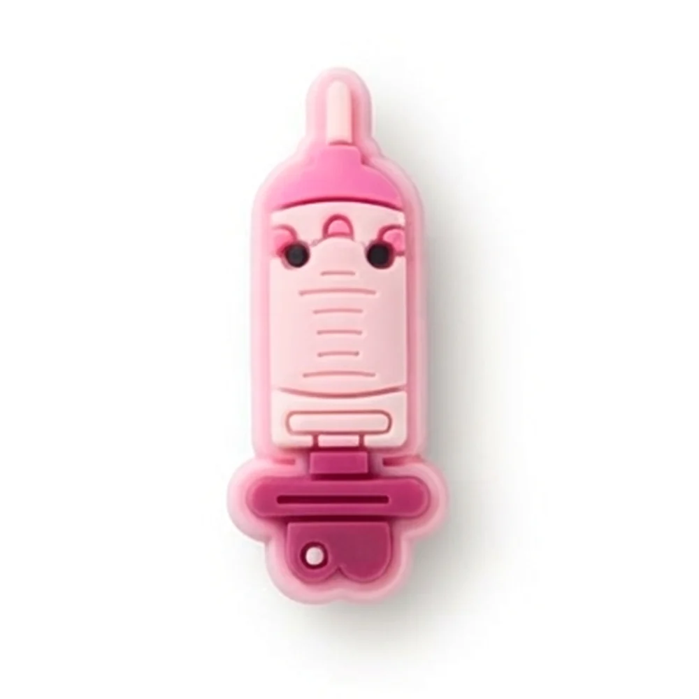Jibbitz seringue rose kawaii avec petit visage et piston rose foncé