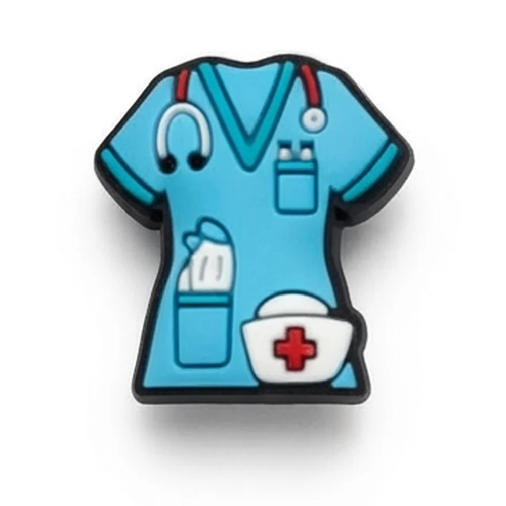 Jibbitz blouse médicale bleue avec stéthoscope, stylos, flacon et coiffe