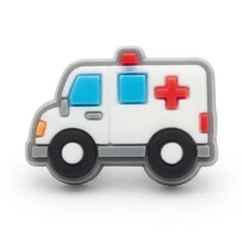 Jibbitz ambulance blanche vue de profil, croix rouge, vitres bleues et gyrophare