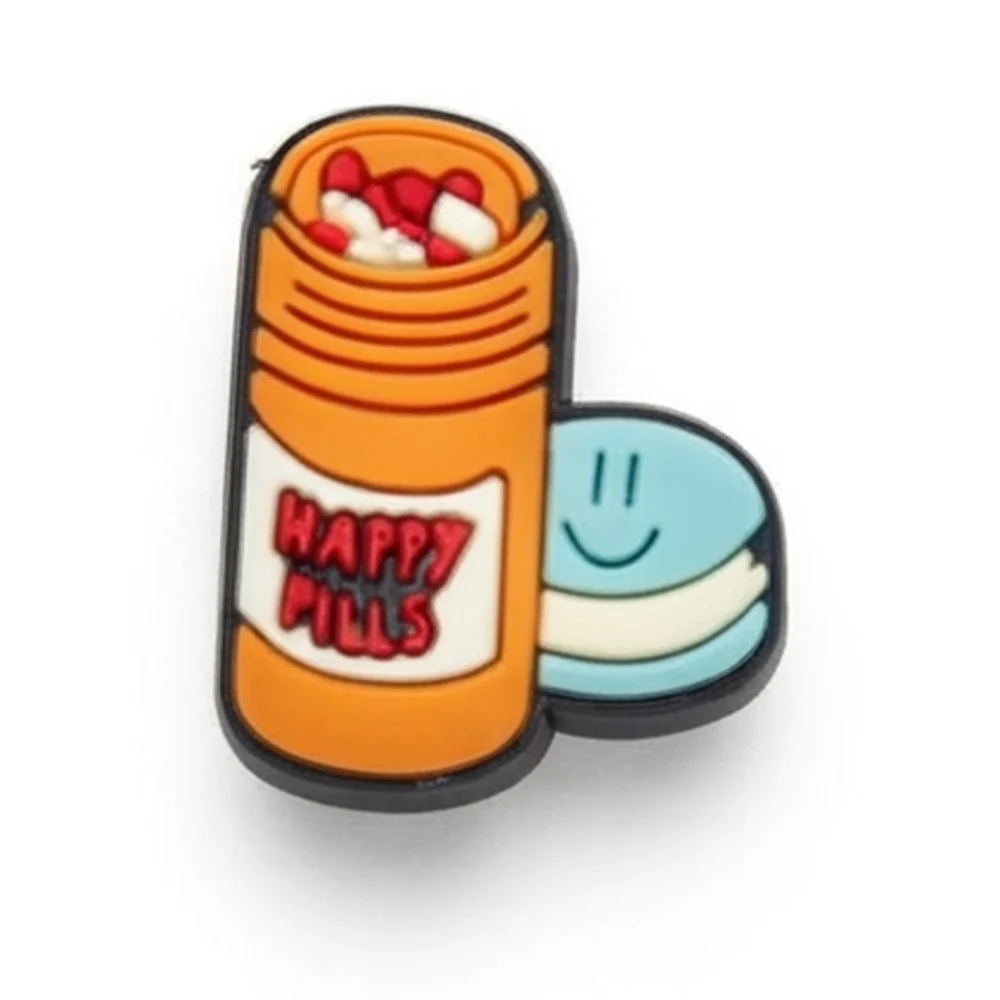 Jibbitz pilulier orange Happy Pills rempli de gélules avec pastille bleue souriante