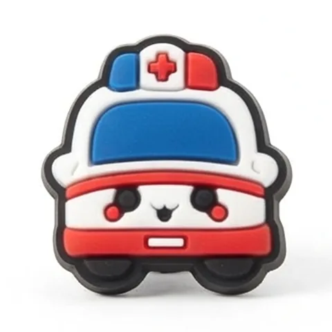 Jibbitz ambulance kawaii vue de face, gyrophare rouge et bleu, visage souriant