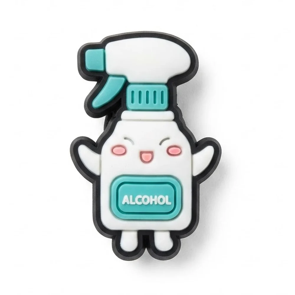 Jibbitz spray désinfectant kawaii blanc et turquoise, étiquette ALCOHOL