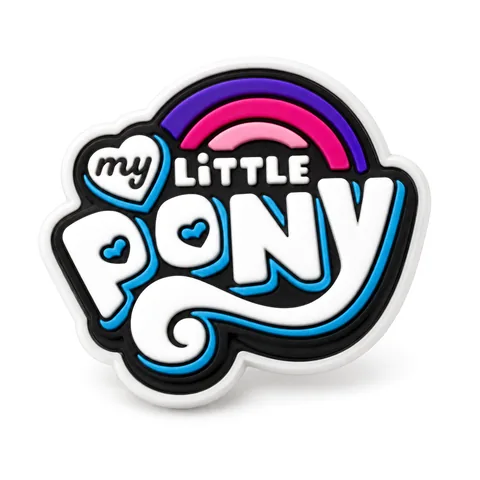 Jibbitz logo My Little Pony en lettres blanches contour bleu avec arc violet et rose