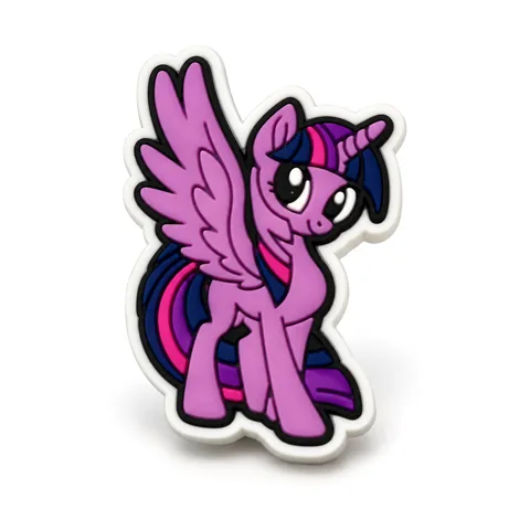 Jibbitz Twilight Sparkle, licorne ailée violette à crinière bleu nuit striée de rose