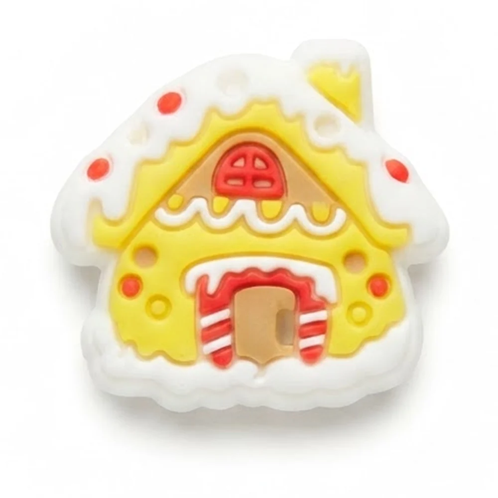 Jibbitz maison en pain d'épices jaune version fluo, glaçage blanc et fenêtre rouge