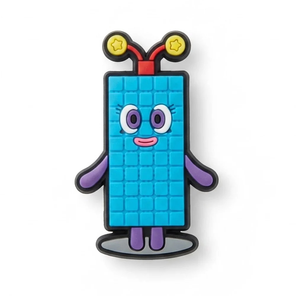 Jibbitz Numberblocks bleu en colonne de cubes avec antennes à étoiles et bras violets