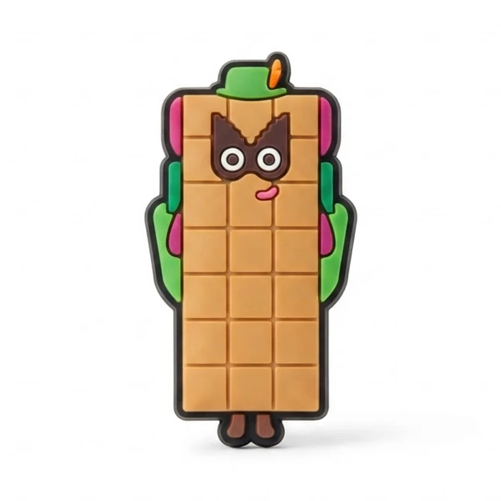 Jibbitz Numberblocks orange allongé avec masque sur les yeux et chapeau vert