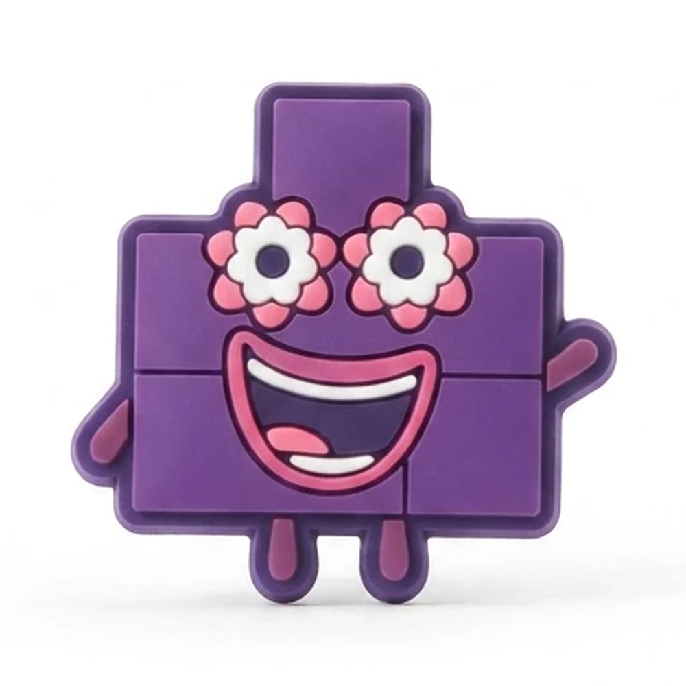 Jibbitz Numberblocks violet avec yeux en forme de fleurs roses et grand sourire