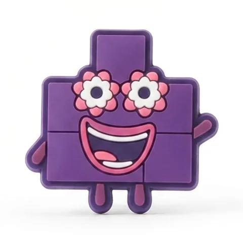 Jibbitz Numberblocks violet avec yeux en forme de fleurs roses et grand sourire