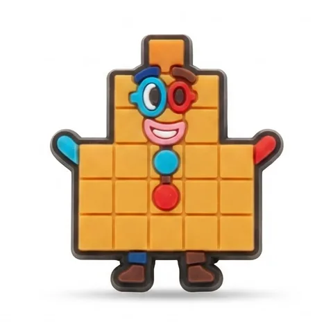 Jibbitz Numberblocks orange avec détails multicolores, boutons bleu et rouge, bras levés