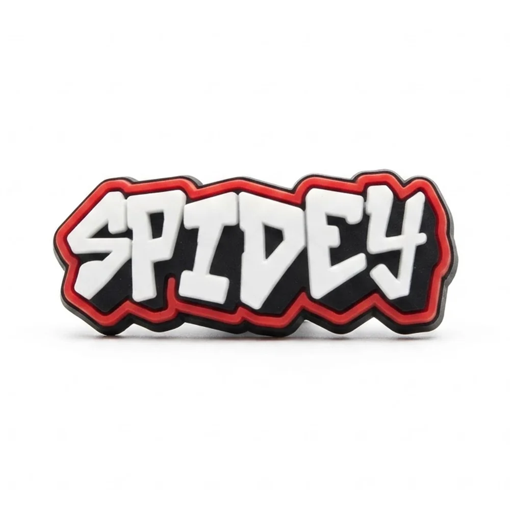 Jibbitz lettrage SPIDEY en graffiti blanc bordé de rouge et de noir
