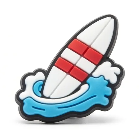 Jibbitz planche de surf blanche à bandes rouges dans une vague bleue avec écume