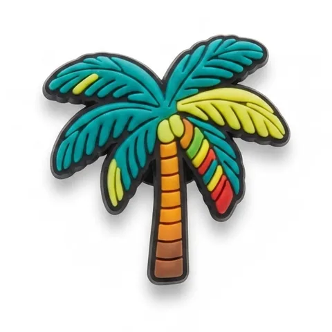 Jibbitz palmier aux palmes turquoise et vertes, tronc orangé, une palme rayée