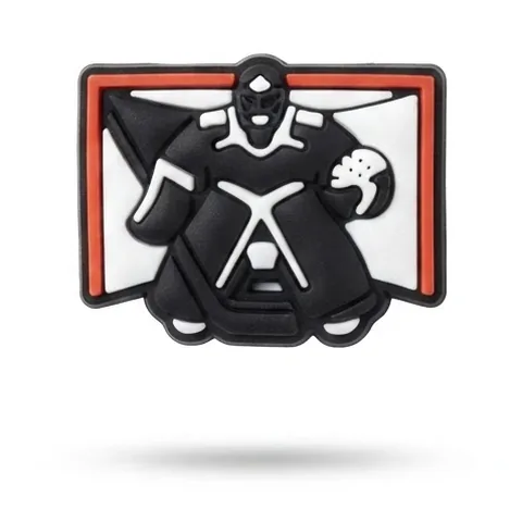 Jibbitz gardien de hockey noir et blanc devant une cage au cadre rouge et au filet blanc