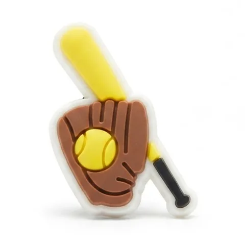 Jibbitz batte de baseball jaune et gant marron tenant une balle jaune, version fluo