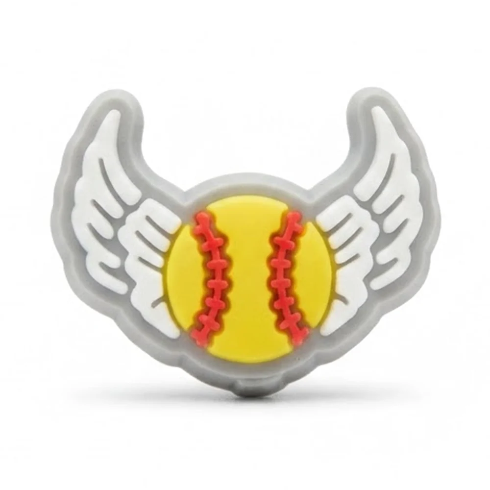 Jibbitz balle de baseball jaune aux coutures rouges avec ailes blanches, version fluo