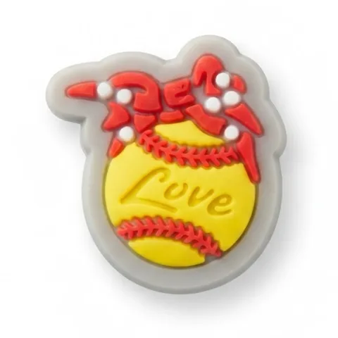 Jibbitz balle de baseball jaune avec inscription Love et nœud rouge à pois blancs, fluo