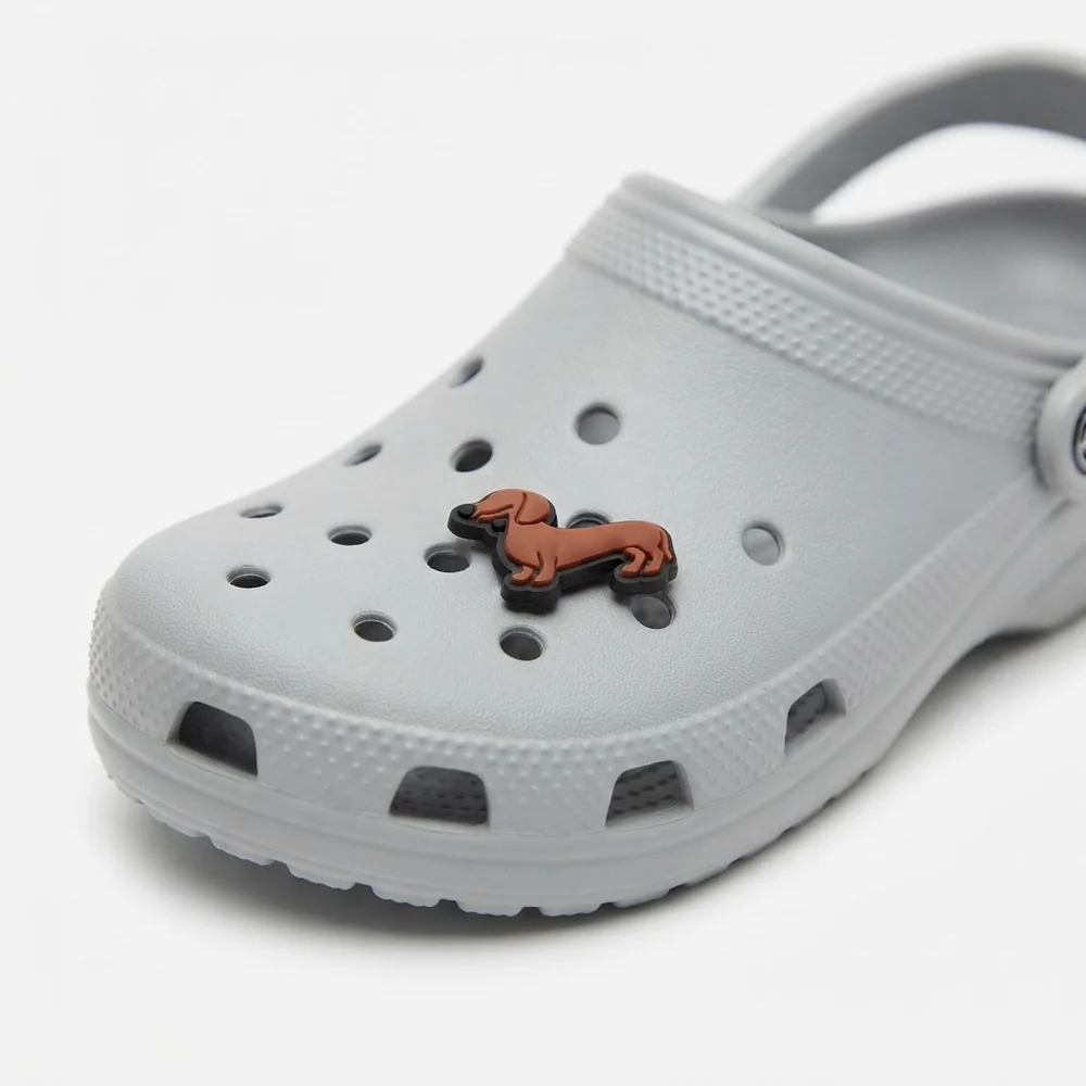 Jibbitz teckel marron clipsé sur une Crocs