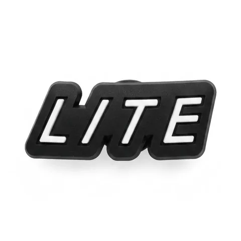Jibbitz texte LITE en lettres blanches italiques sur fond noir
