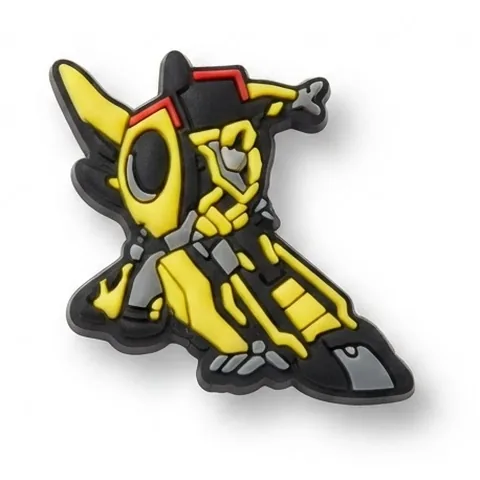 Jibbitz robot jaune et noir à ailes, genoux fléchis, style Bumblebee
